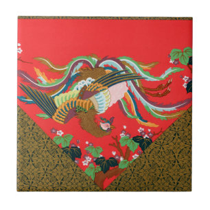 Vintage Red Japanese Phoenix Bird Art G.A. Audsley Tile