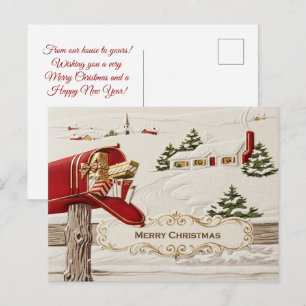 Vintage Red Mailbox Winter Village Postcard