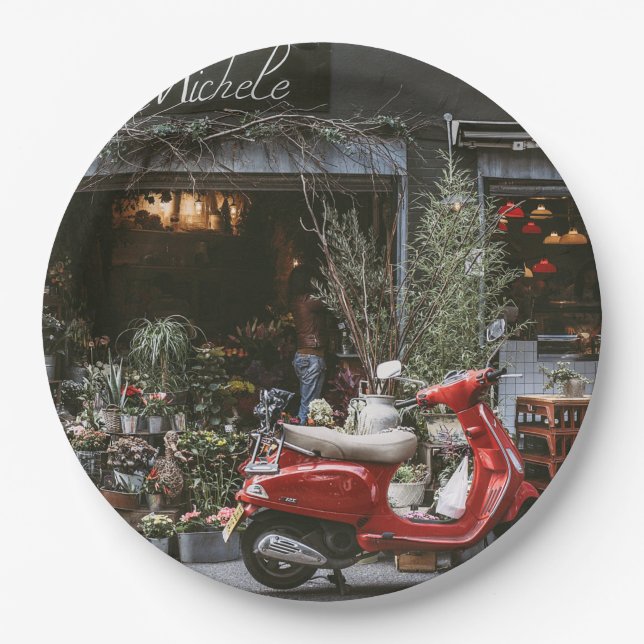 Vintage Red Motor Scooter Paper Plate (Front)