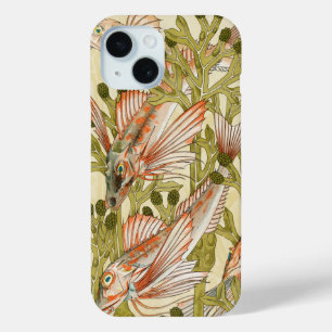 Vintage Red Mullet Fish and Coral Illustration Art iPhone 15 Case