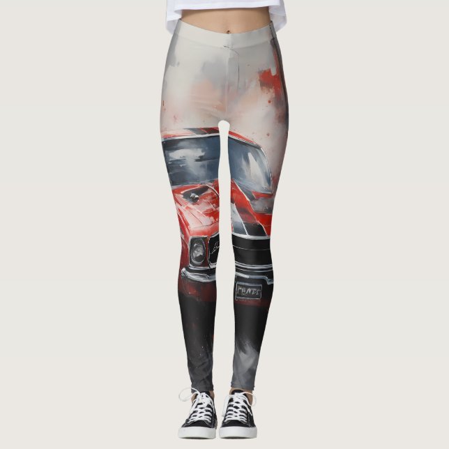 Vintage Red Muscle Car with silver stripe  Leggings (Front)