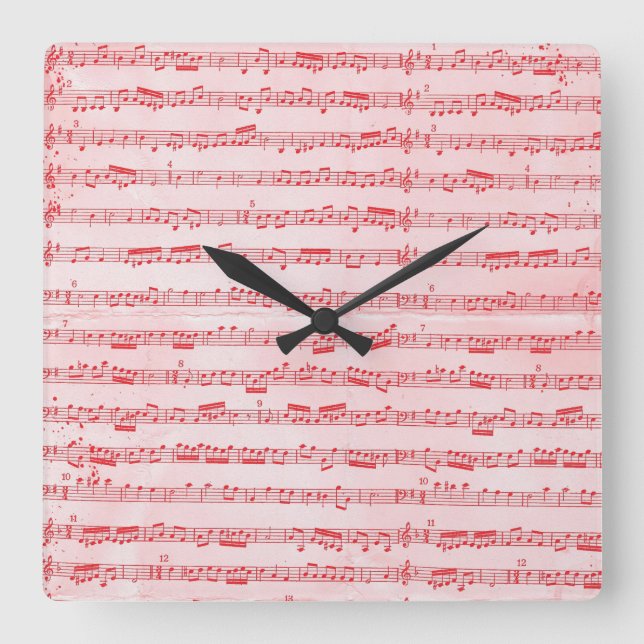 Vintage Red Musical Sheet Square Wall Clock (Front)