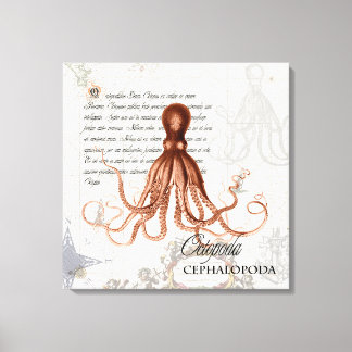 Vintage Red Octopus Illustration Nautical Map Canvas Print
