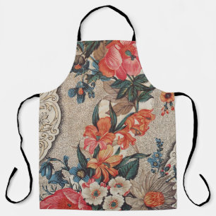 Vintage red orange white flower pattern apron