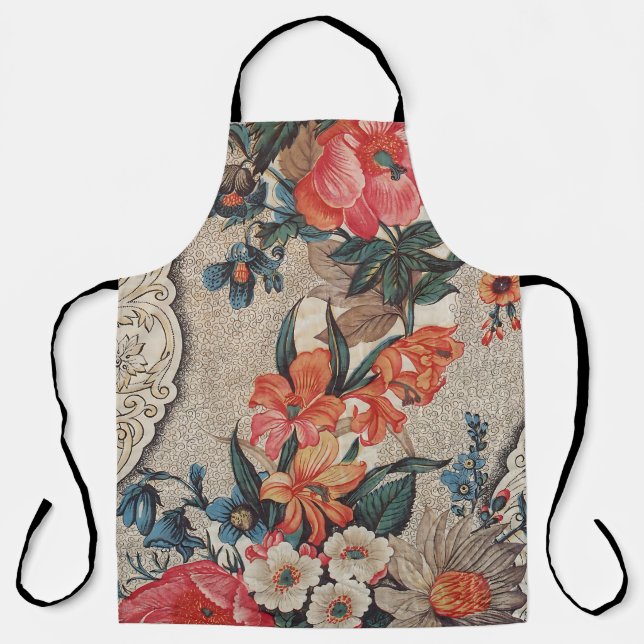 Vintage red orange white flower pattern apron (Front)