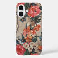 Vintage red orange white flower pattern