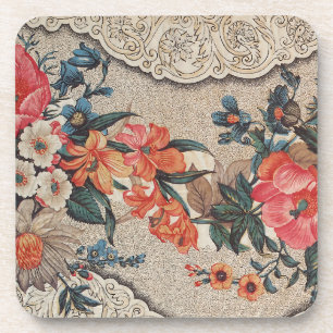 Vintage red orange white flower pattern coaster