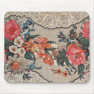 Vintage red orange white flower pattern mouse pad