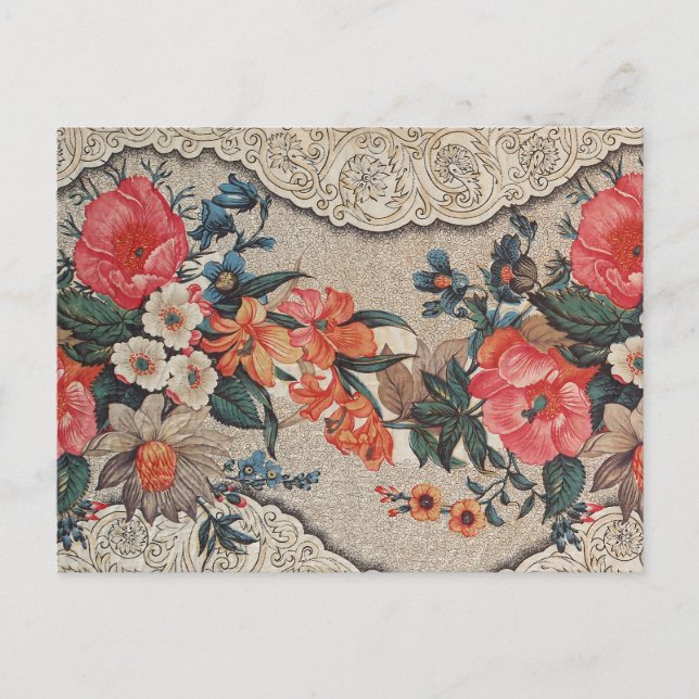 Vintage red orange white flower pattern postcard (Front)