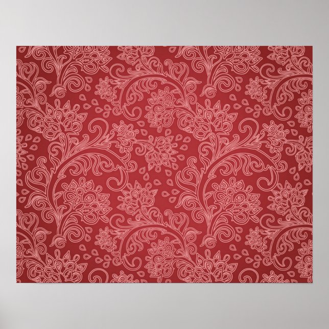 Vintage Red Paisley Damask Design Poster (Front)
