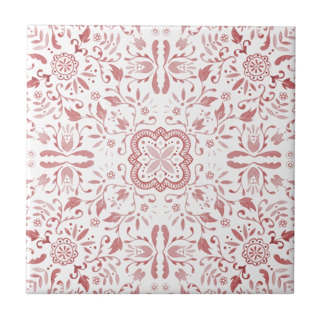 Vintage Red Pattern Floral Cottagecore Tile (Front)