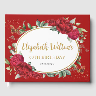 Vintage Red Peonies Floral Butterflies Birthday Guest Book