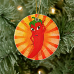 Vintage Red Pepper Superstar Ceramic Tree Decoration<br><div class="desc">A cute cartoon pepper posing for a picture. Custom ceramic ornaments. Superstar style. Vintage style applied to the print.</div>