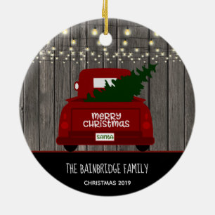 Vintage  Red Pick Up Truck Rustic Personalised Ceramic Tree Decoration