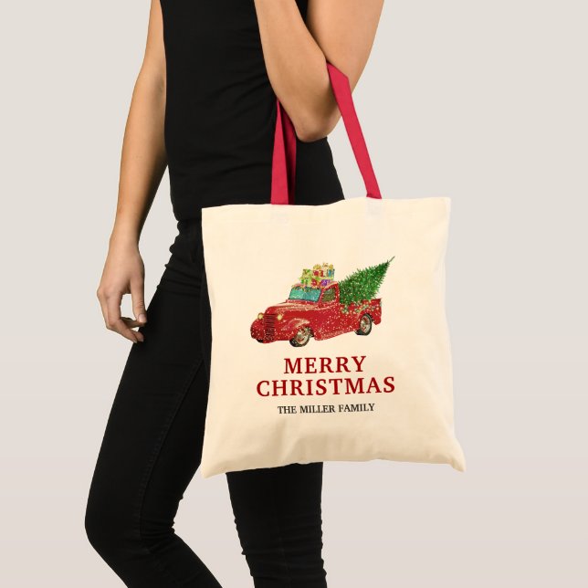 Vintage Red Pickup Truck Christmas Tote Bag (Front (Product))