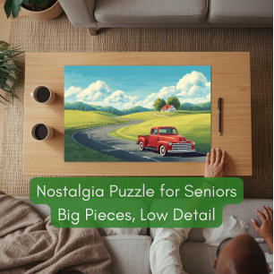 Vintage Red Pickup Truck Country Road Jigsaw Puzzle