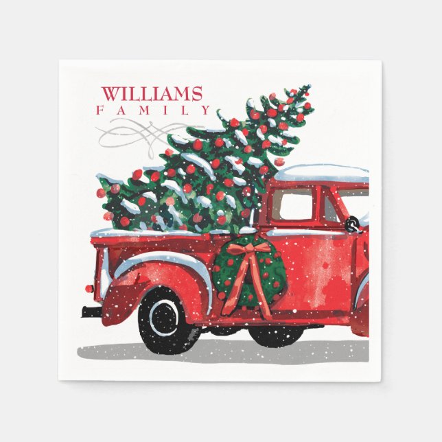 Vintage Red Pickup Truck Family Name Monogram Napkin (Front)