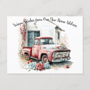 Vintage Red Pickup Truck We've Moved Postcard