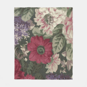 Vintage red pink blue white flowers painting fleece blanket