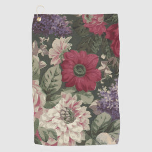 Vintage red pink blue white flowers painting golf towel