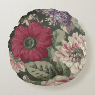 Vintage red pink blue white flowers painting round cushion