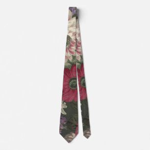 Vintage red pink blue white flowers painting tie