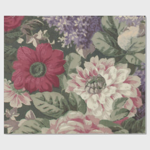 Vintage red pink blue white flowers painting wrapping paper