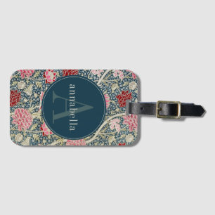 Vintage Red Pink Floral William Morris Monogram Luggage Tag
