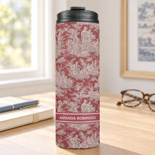 Vintage Red Pink French Country Toile De Jouy Thermal Tumbler