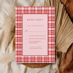 Vintage Red Pink Plaid Country Gingham Wedding RSVP Card