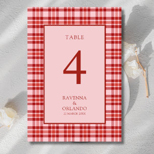 Vintage Red Pink Plaid Country Gingham Wedding Table Number