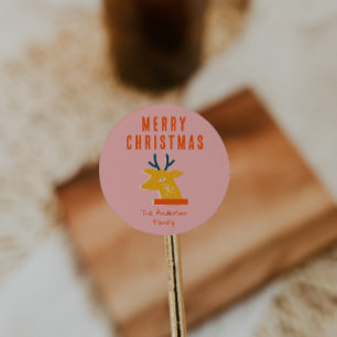 Vintage Red Pink Reindeer Head Christmas Retro Classic Round Sticker