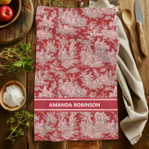Vintage red pink toile de jouy printed tea towel