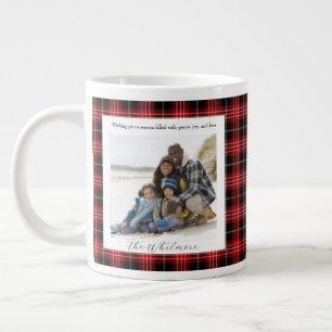 Vintage Red Plaid Christmas Monogram 2 Photo Cosy Large Coffee Mug