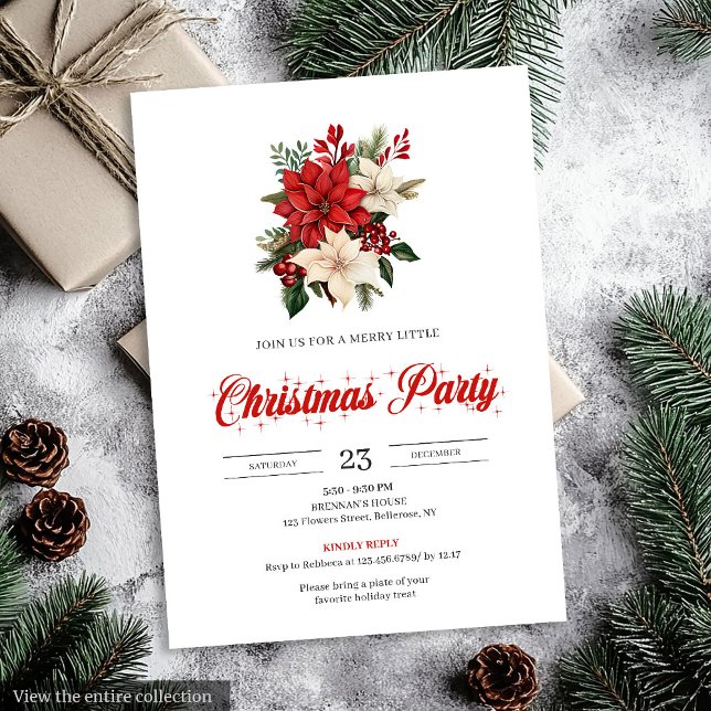 Vintage Red Poinsettia Botanical Merry Christmas  Invitation (Vintage Red Poinsettia Botanical Merry Christmas Invitation)
