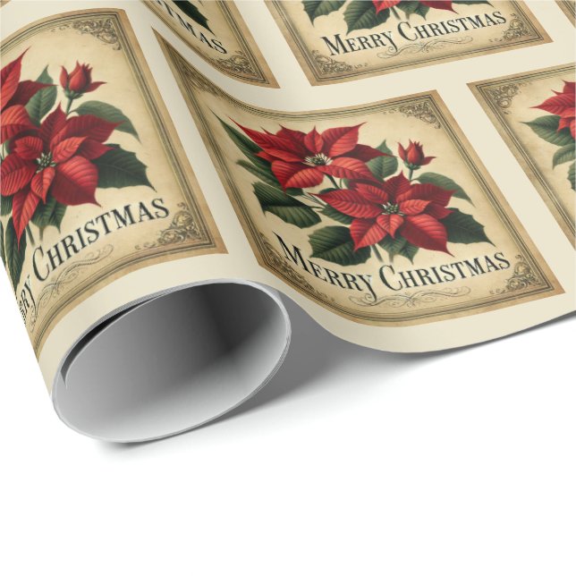 Vintage Red Poinsettia Merry Christmas  Wrapping Paper (Roll Corner)