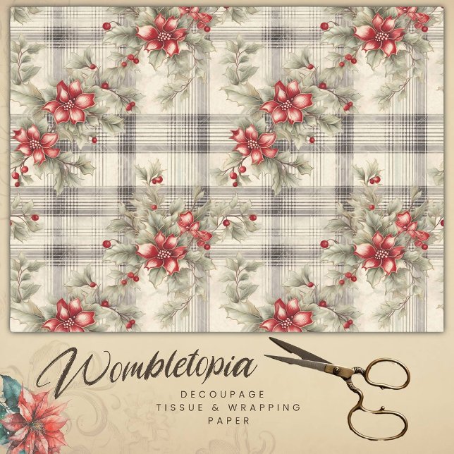 Vintage Red Poinsettia Tartan, Decoupage Tissue Paper (Creator Uploaded)