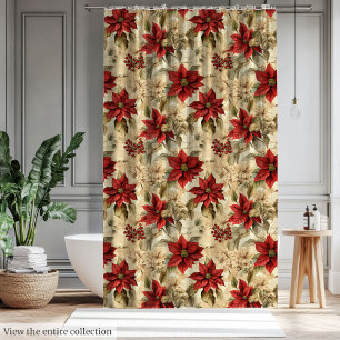 Vintage Red Poinsettias Watercolor Holiday Style Shower Curtain