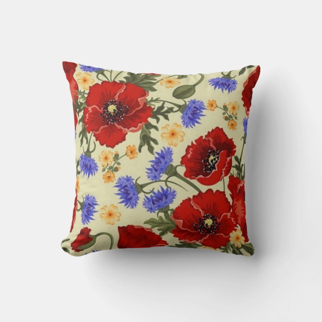 vintage red poppy and blue flowers pillow (Front)