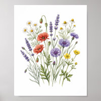 Vintage Red Poppy and Lavender Wildflowers Art