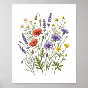 Vintage Red Poppy and Lavender Wildflowers Art Poster