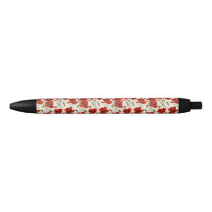 Vintage Red Poppy Design Art Nouveau Black Ink Pen