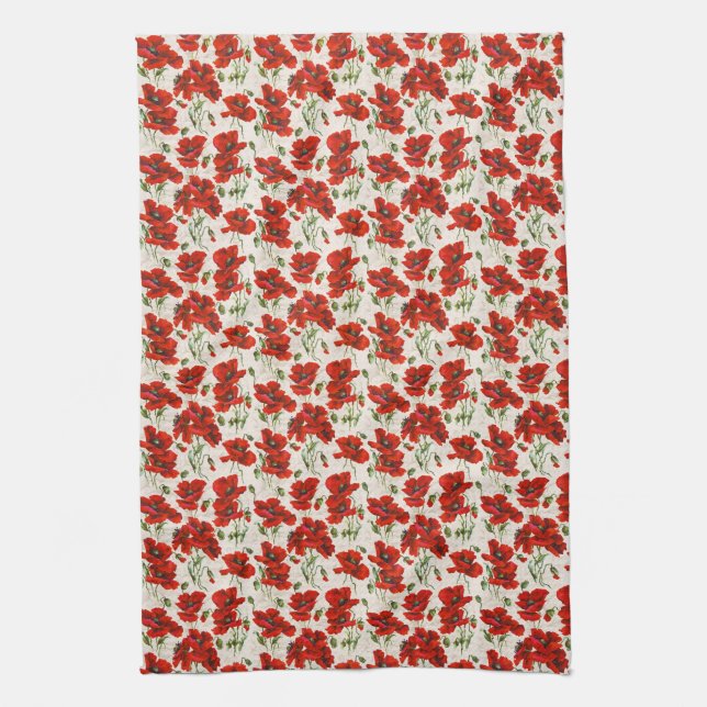 Vintage Red Poppy Design Art Nouveau Tea Towel (Vertical)