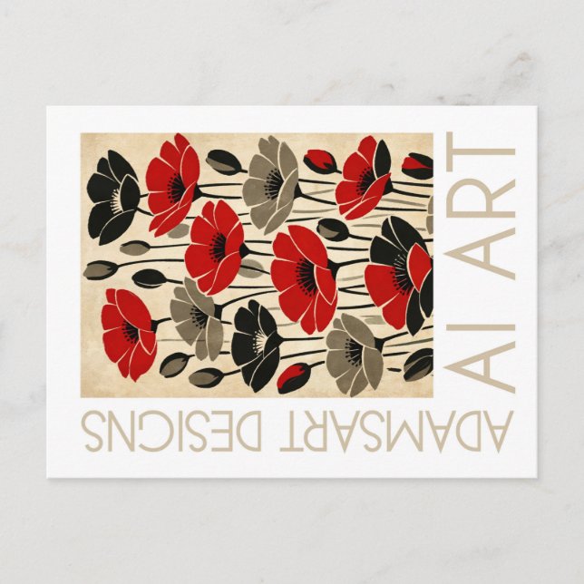 Vintage Red Poppy Floral AI Art Postcard (Front)
