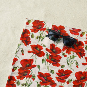 Vintage Red Poppy Floral Pattern Botanical Art Beach Towel