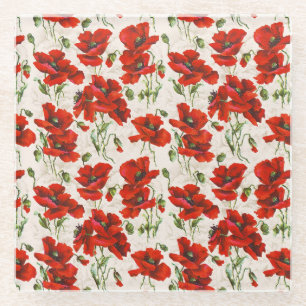 Vintage Red Poppy Floral Pattern Botanical Art Glass Coaster