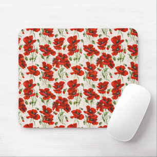 Vintage Red Poppy Floral Pattern Botanical Art Mouse Pad