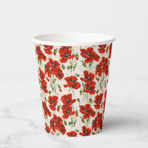 Vintage Red Poppy Floral Pattern Botanical Art Paper Cups