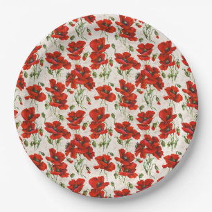 Vintage Red Poppy Floral Pattern Botanical Art Paper Plate