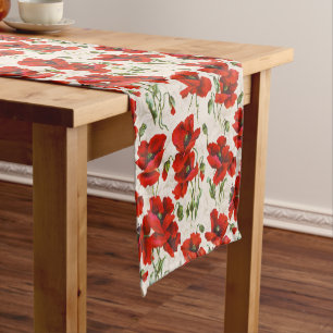 Vintage Red Poppy Floral Pattern Botanical Art Short Table Runner